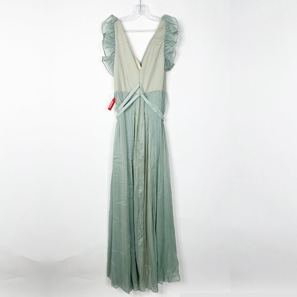 NWT Mac Duggal Green Flowy V Neck Ruffled Cap Sleeve Gown Sage 8 - Picture 5 of 8